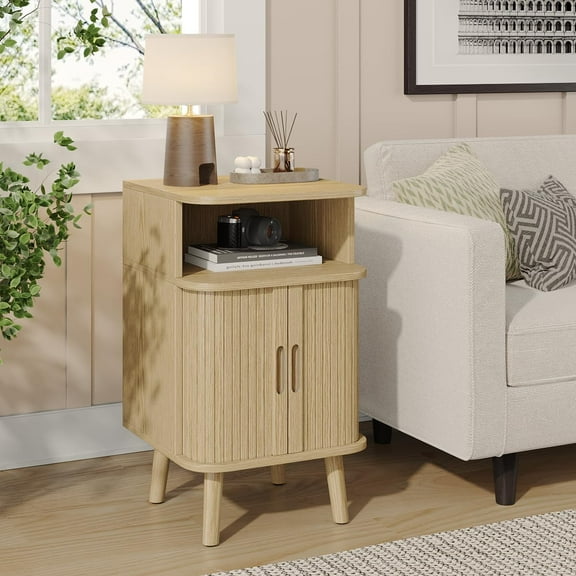 Alohappy Mid Century Modern End Table, Fluted Wood Nightstand with Sliding Tambour Door, Curved Round Edge Side Table with Storage Cabinet for Bedroom, Living Room,