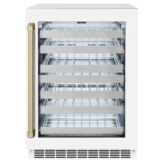 ZLINE Autograph Edition 24 in. Touchstone Dual Zone 44 Bottles Wine Cooler With White Matte Glass Door And Champagne Bronze Handle (RWDOZ-WM-24-CB)