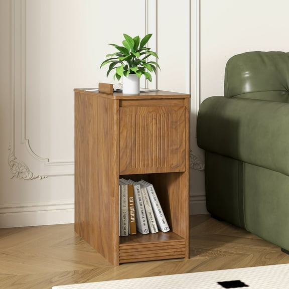 Slim Side Table with Wheels, Flip Top End Table with Charging Station & Drawer, Farmhouse Nightstand for Bedroom Small Spaces, Walnut