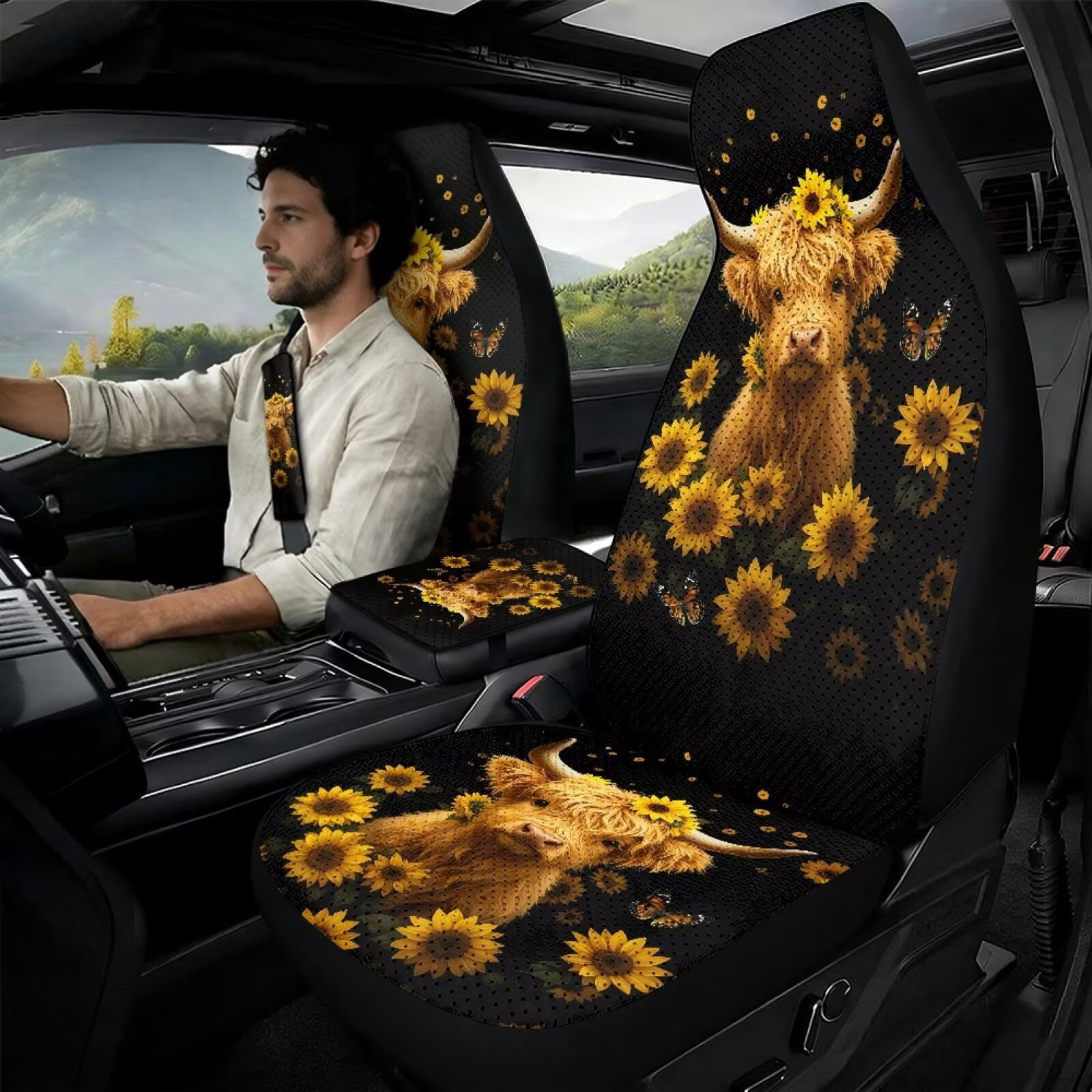 Xixirimido Leather Seat Cover Front Seats Only, Universal Fit Auto Front Seat Covers for Sedan Van SUV Truck 5 Pcs Set with Seatbelt Covers & Center Console Cover, Black Highland Cattle Sunflower