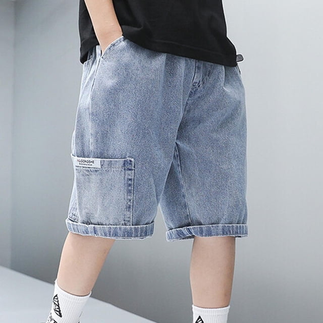 Pantalones cortos deportivos de mezclilla de poliéster con cintura elástica de color sólido para niñas y niños