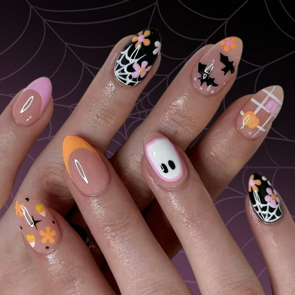 Halloween Press on Nails Almond Fake Nails Scary Artificial Nails Women Almond Shaped Glues on Nails with Bat Design