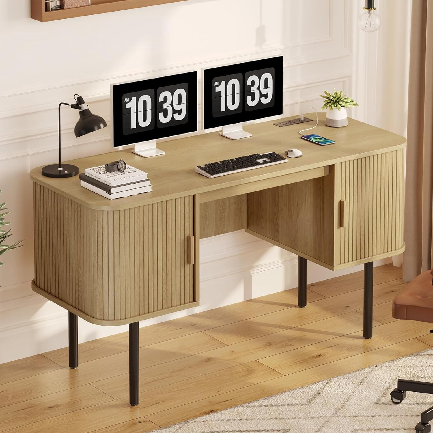 55-Inch Oak Fluted Computer Desk with Charging Station and 2 Storage Cabinets, Mid-Century Executive Desk for Home Office