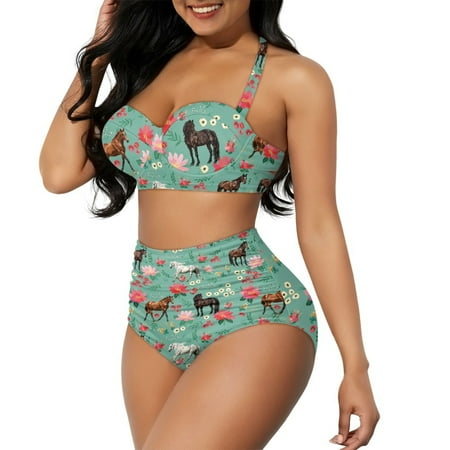 Yuyamidu Lightweight Bikini Sets for Women High Cut Tankini  Horse Floral High Neck Halter Top and Bottom Size M Summer Outfits Fashion Ladies Swim Suit  2 PCS