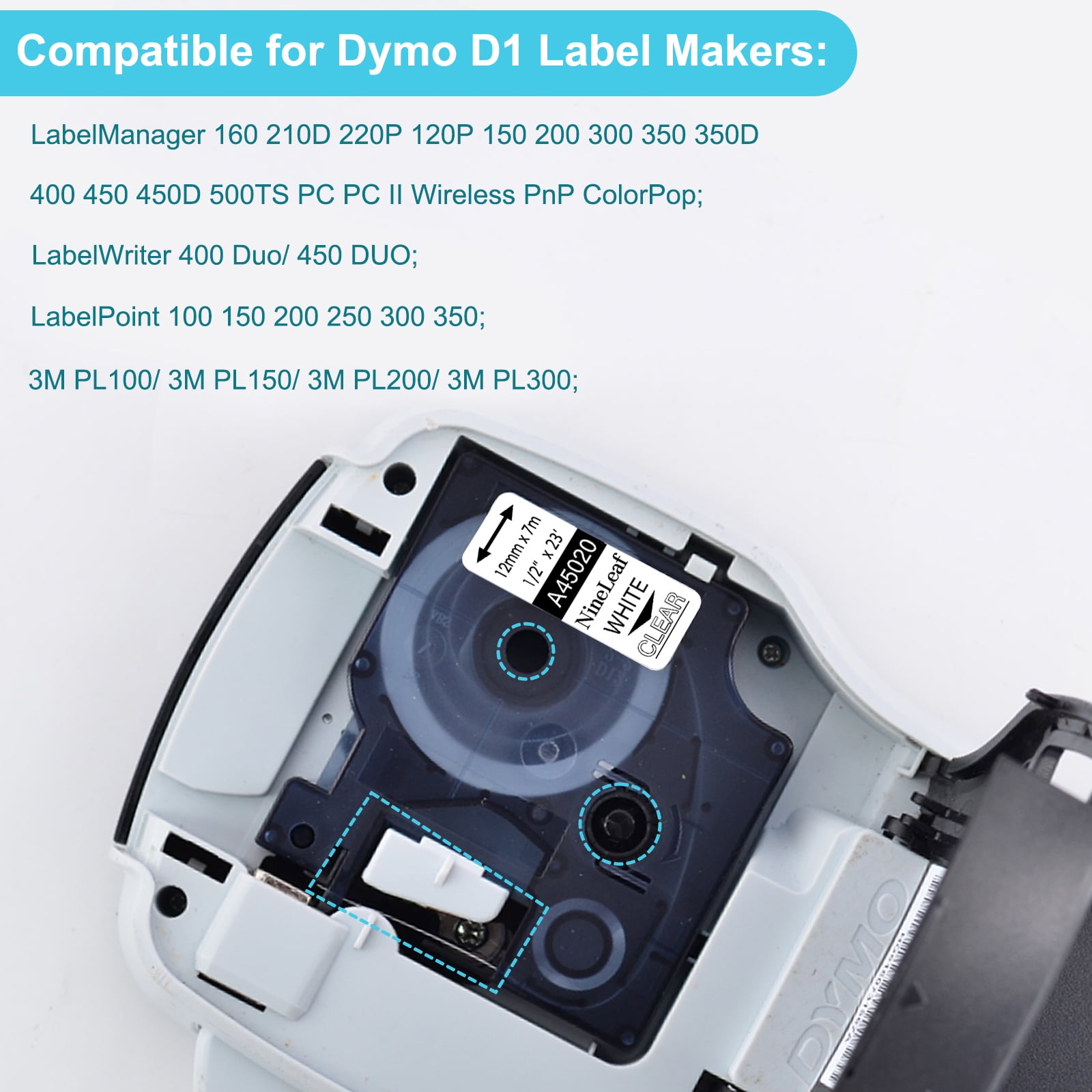 NineLeaf 10PK Compatible for DYMO D1 45020 1/2" x 23' (12mm x 7m) White on Clear Label Maker Tape for Label Manager 100 120P 160 210D