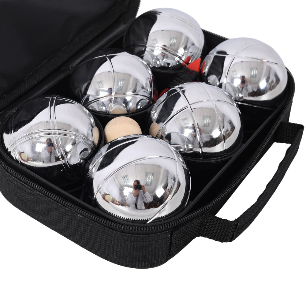 Set of 6 Classic Boules Boccia Game 2.75in 1.5lb Metal Balls Wooden Jack Outdoor Lawn Backyard Beach Family Party Adult Precision Sport Measure Tool Heavy Duty Pattern Lines Tri Color Kit Play