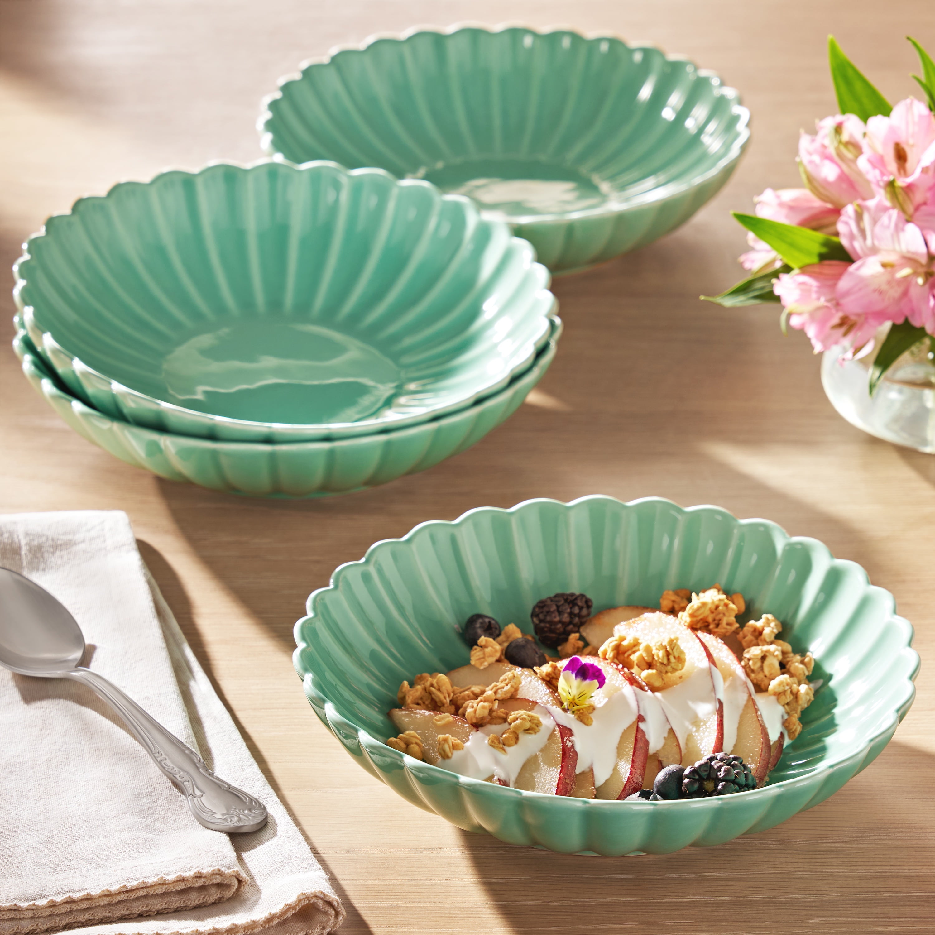 The Pioneer Woman Colette Stoneware Dinner Bowls, Green, Set of 4