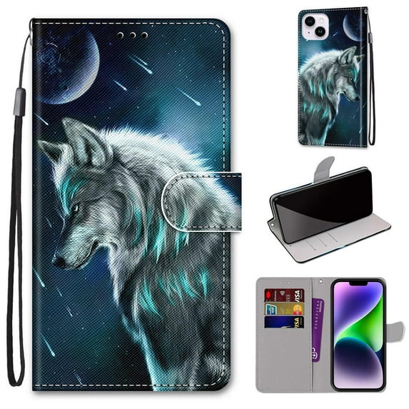 SaniMore for iPhone 13 Pro Max 6.7 "2021 PU Leather Case with Card Slots Detchable Lanyard Color Painting Luxury Pattern Flip Kickstand Shcokproof Wallet Case For iPhone 13 Pro Max, Wolf