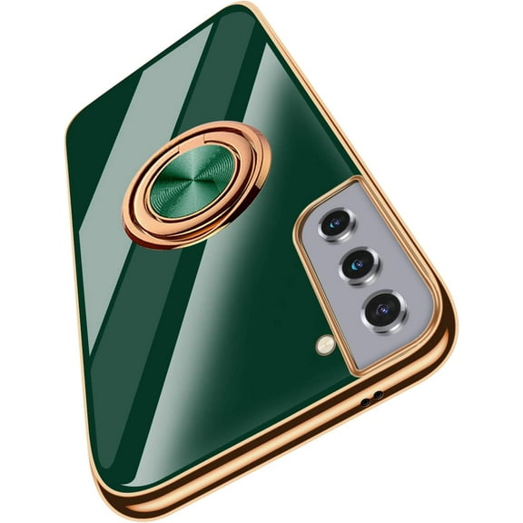 Designed for Samsung Galaxy S21 5G Case 6.2 in 2021, Soft Silicone TPU Edge Plating Finger Ring Holder Kickstand Shockproof Protective Bumper Cover Cases - Green