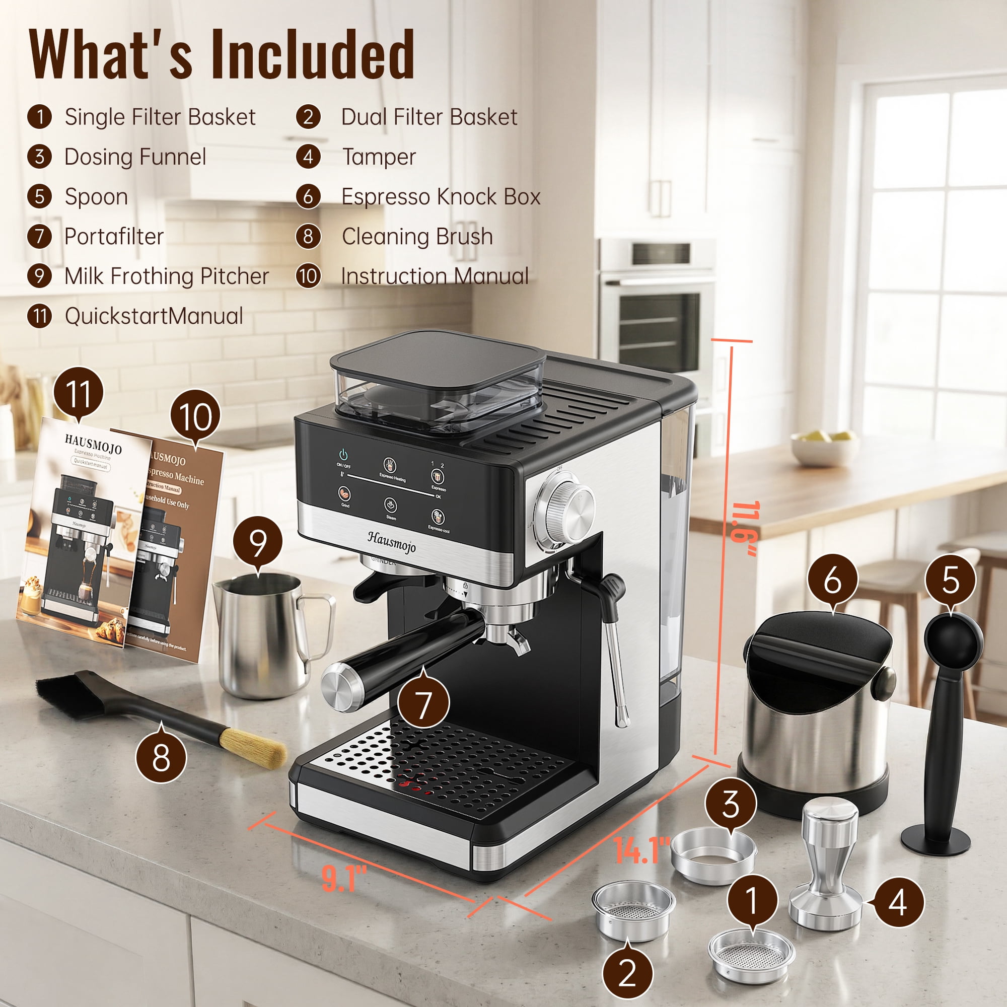 Hausmojo 5520 Espresso Machine with Grinder, Cold Brew & Milk Frother, 20-Bar Semi-Automatic for Latte & Cappuccino, Adjustable Grind & Volume