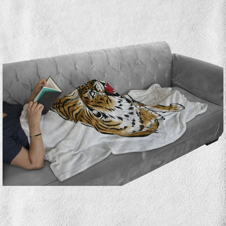 Tiger Soft Flannel Fleece Blanket Japanese Inspired Large Feline Japanesque Design Free Hand Drawing Traditional Cozy Plush for Indoor and Outdoor