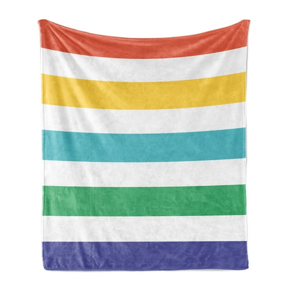 Striped Soft Flannel Fleece Blanket, Rainbow Colored and White Fun Horizontal Lines Kids Room Red Yellow Blue Green Art, Cozy Plush for Indoor and Outdoor Use, 70" x 90", Multicolor, by Ambesonne