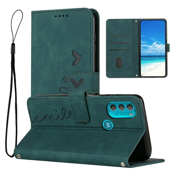 For Motorola Moto G71 Wallet Cover 5G, PU Leather Kickstand Credit Card Pocket Slots Wrist Strap Magnetic Folio Heart Patterned Embossed Flip Cover for Motorola Moto G71 5G, Green