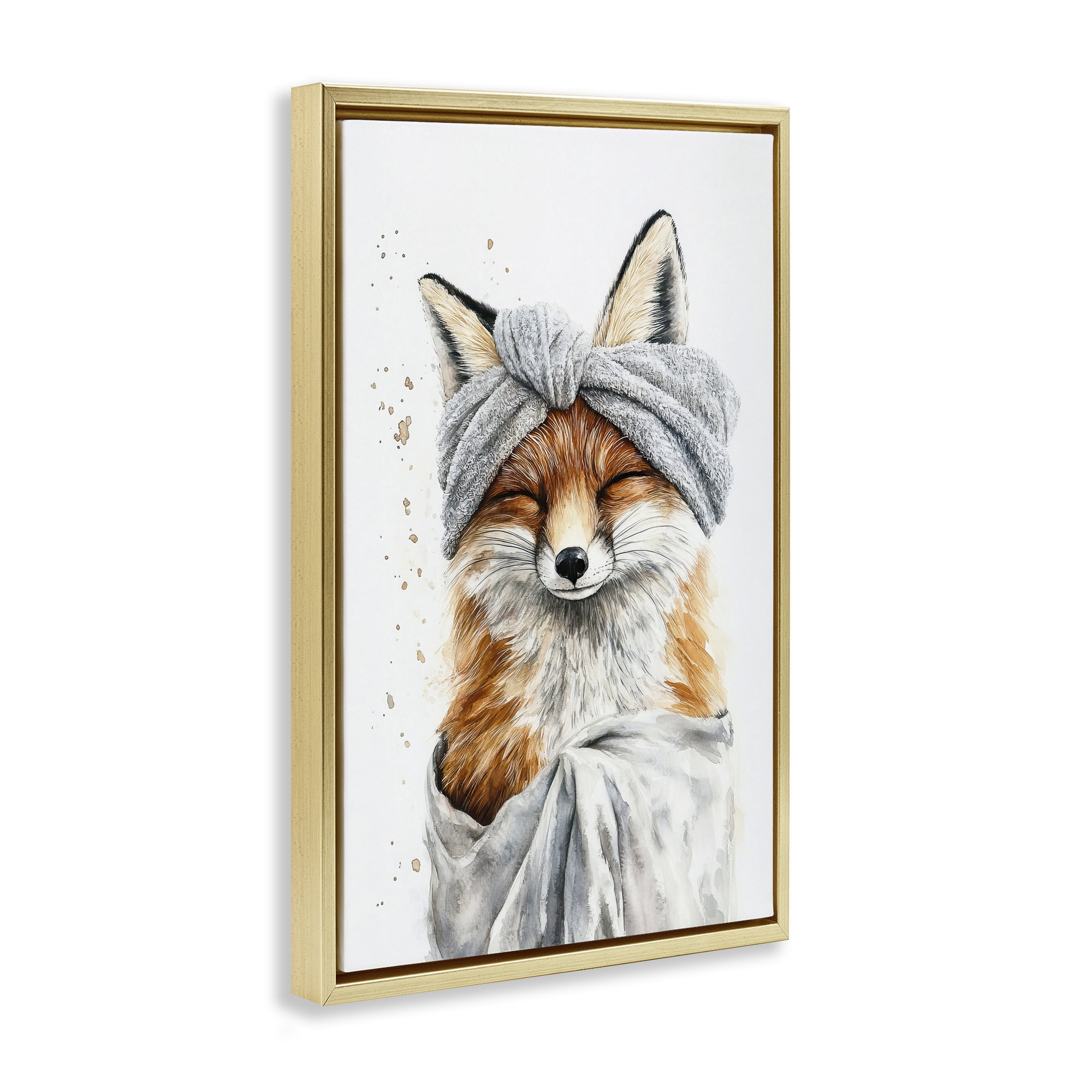 Stupell Industries Bathroom Fox Wrapped in Towel Gold Framed Floater Canvas Wall Art, design by Tina LeCour