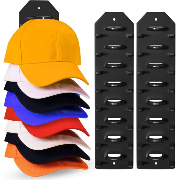 Baseball Hat Rack,2 Pack Hat Organizer for Baseball Caps Hold up to 16 Hats,Baseball Hat Holder Storage,Hat Hanger Strong Adhesive/Wall Drilled for Door(Black-2pack)