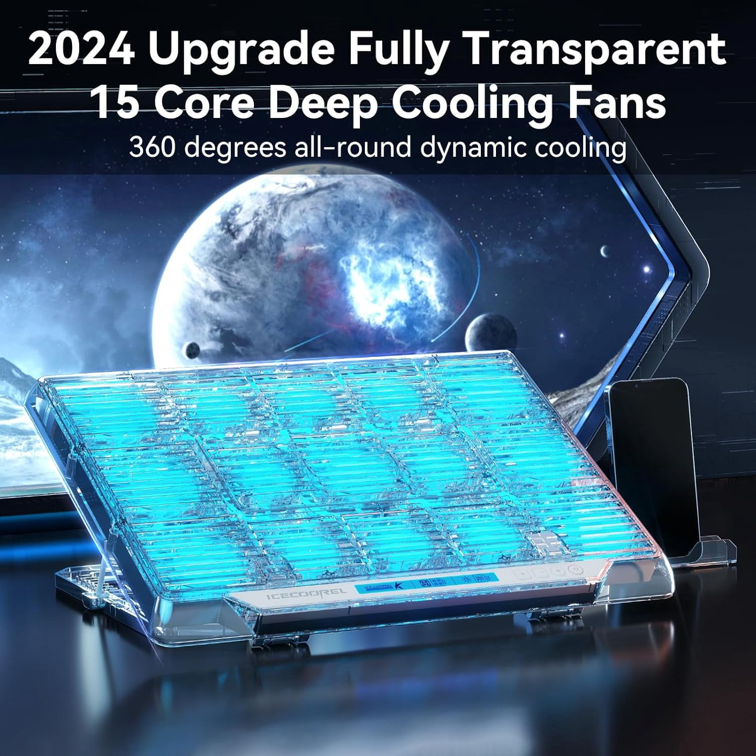 Gaming Laptop Cooling Pad with 15 RGB Fans, Fully Transparent Fan Cooler for 15-21 Inch, Stand 8 Height Adjustable, USB Port and Type-C