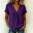 thumbnail image 4 of QUNYINEY Cotton Linen T Shirts for Women Trendy Purple Short Sleeve Casual Tops Loose Fit Summer Pleated V Neck Pullover Shirts, 4 of 8