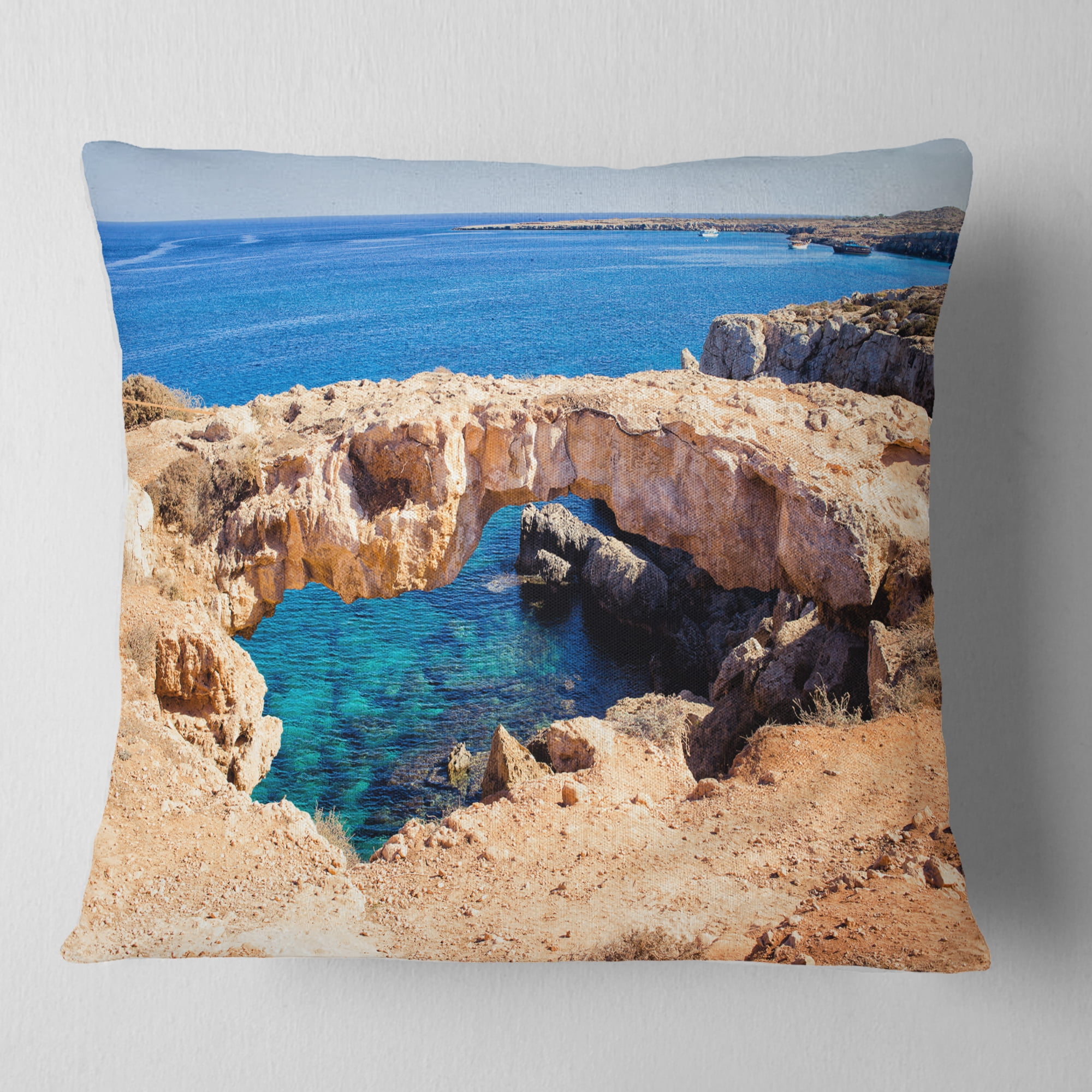 Designart Cavo Cape Greco Natural Bridge - Landscape Photography Throw Pillow - 18x18