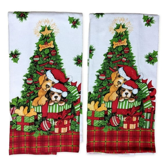 Set of 2 BOWIE WOWIE Christmas Dogs Terry Kitchen Towels by Kay Dee Designs