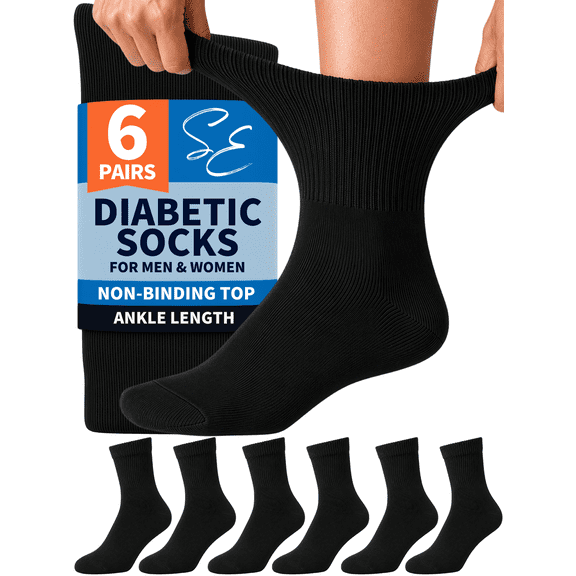 Special Essentials 6 Pairs Men's Cotton Diabetic Ankle Socks Black 10-13