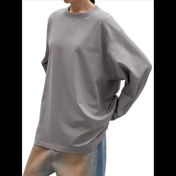 Camisetas de Larga Extragrandes para Mujer, Camisetas Básicas de Cuello Redondo, Tops de Otoño, Ropa Informal de Entrenamiento Y2K. Gris L