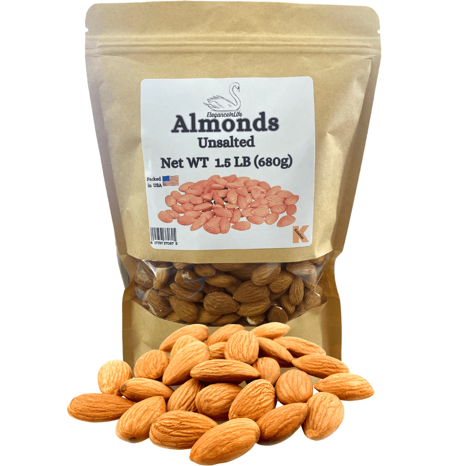 Eleganceinlife Raw Whole Almonds Unsalted 1.5 LB Packed in USA Kosher Halal Pack of 2