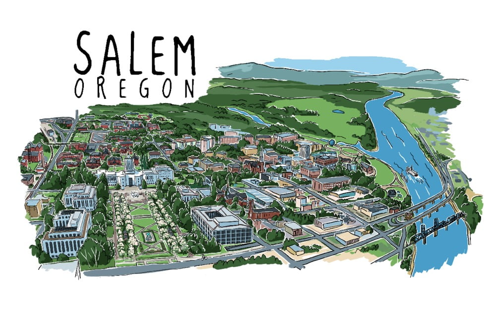 Salem, Oregon, Line Drawing (9x12 Wall Art Print, Home Decor)
