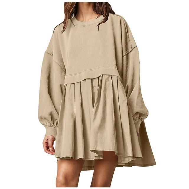 Mode Sweat-Shirt Décontracté Surdimensionné pour Femmes Robe à Manches Longues Col Rond Patchwork Mini Robes Liquidation