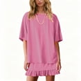 thumbnail image 2 of Morttic Women's Casual 2 Piece Set – Round Neck Short Sleeve Top & Mini Skirt with Lace Hem Solid Color Summer Outfit Light Pink，XL, 2 of 4
