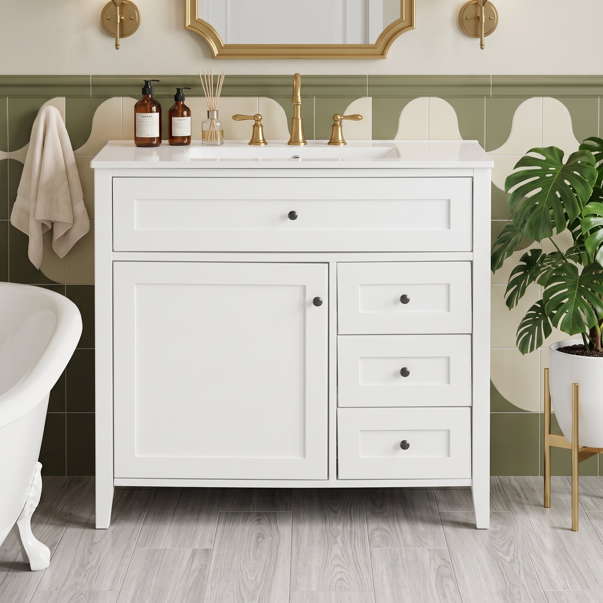 Anpport 36" Freestanding Bathroom Vanity with Sink, Modern MDF & Rubberwood Cabinet, 3 Drawers, Adjustable Shelf & Left‑Side Door, White