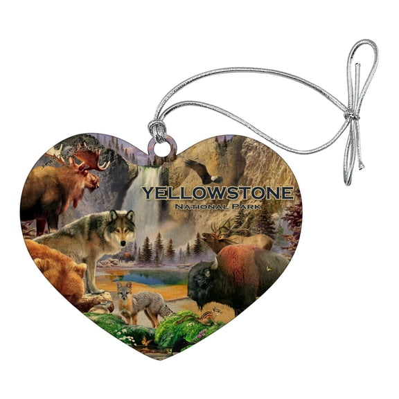 Yellowstone National Park Wyoming Montana Idaho Animals Wolf Bear Fox Bison Heart Love Wood Christmas Tree Holiday Ornament