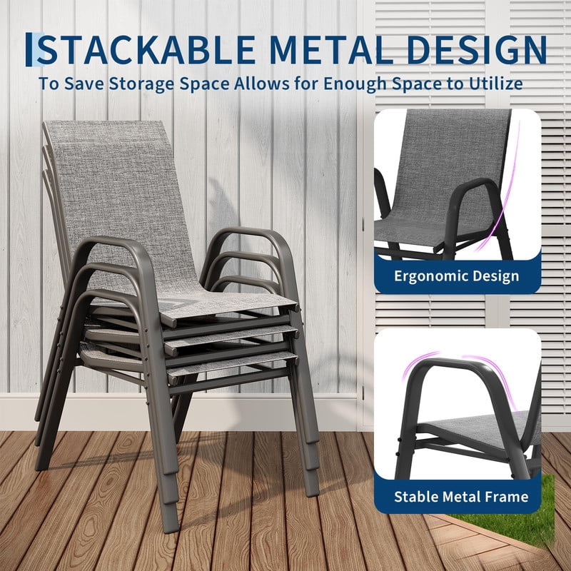 TROPOW Patio Chairs Set of 6, Outdoor Stackable Dining Chairs with Textilene Fabric, All-Weather Deck Stacking Chairs with High Back for Backyard Poolside Garden Balcony, Gray