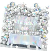SKYSONIC Iridescent Birthday Party Decor Kit 130 Pieces, Silver Holographic Disco Party Supplies Including Fringe Curtains, Garland, Balloons, and Cake Topper for a 60s 70s Themed Celebration