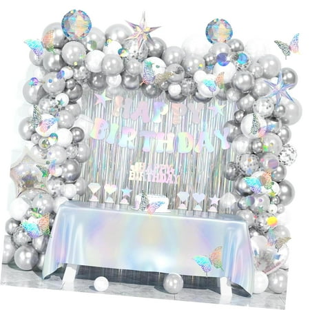SKYSONIC Iridescent Birthday Party Decor Kit 130 Pieces, Silver Holographic Disco Party Supplies Including Fringe Curtains, Garland, Balloons, and Cake Topper for a 60s 70s Themed Celebration