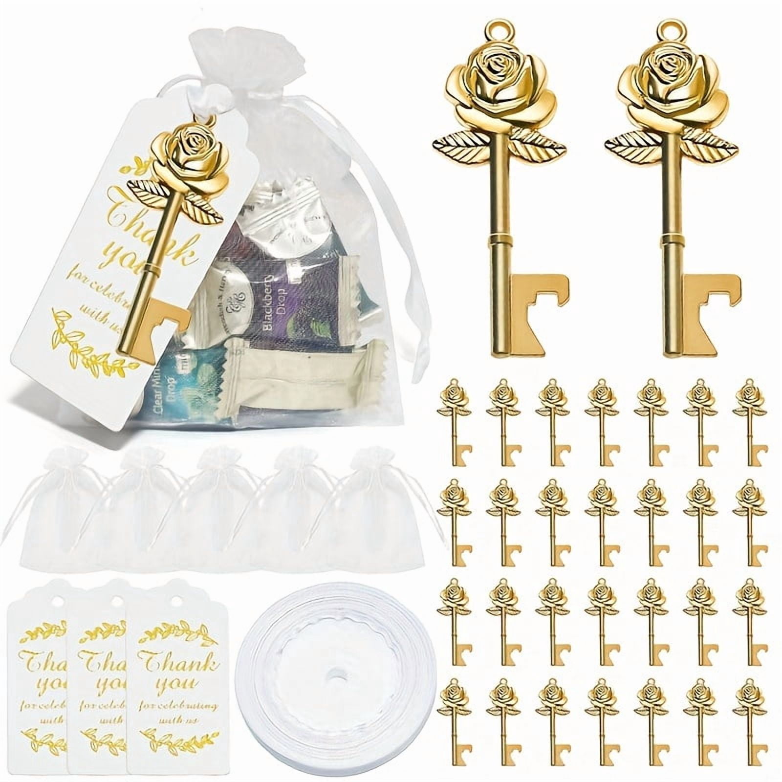 50PCS gold/silver Rose Flower Shaped Keys Wedding Favors Gift for Guest Bulk Skeleton Key Bottle Opener with Card and Chain for Rustic Party Bridal Showers Decorations