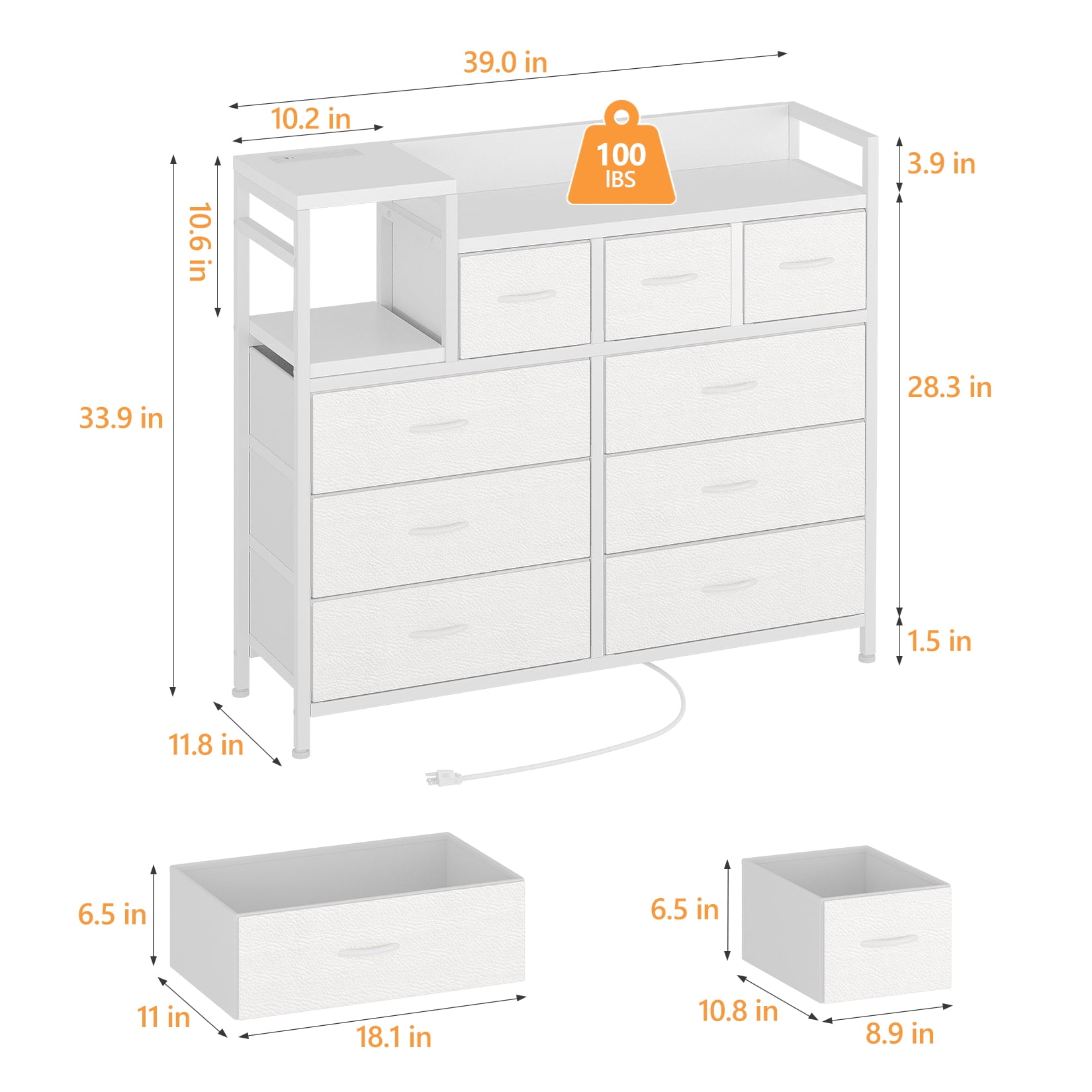 9-Drawer Storage Bedroom Dresser TV Stand with Built-in Charging Station, Multi-Functional for Kids Room & Apartments, Tall Organizer,White