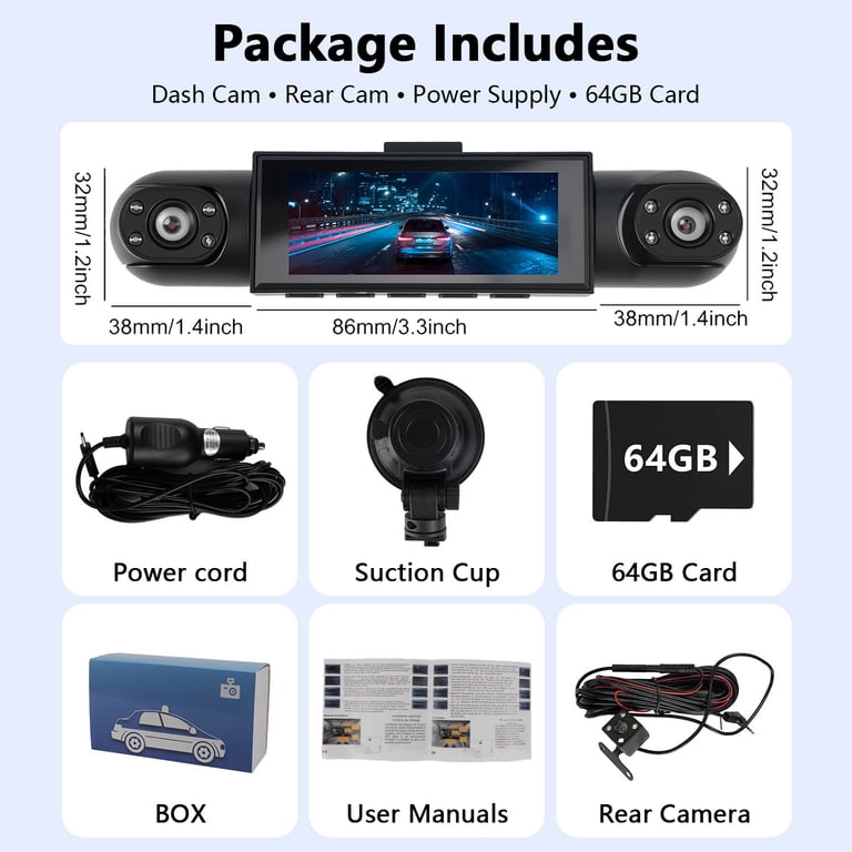 3 Channel Dash Cam Front And Rear Inside, 1080p Battery Dashcams For Cars With Parking Mode, Accident G-Sensor And IR Night Vision, Mini Dash Camera Recorder For Taxi Driver, 64GB SD