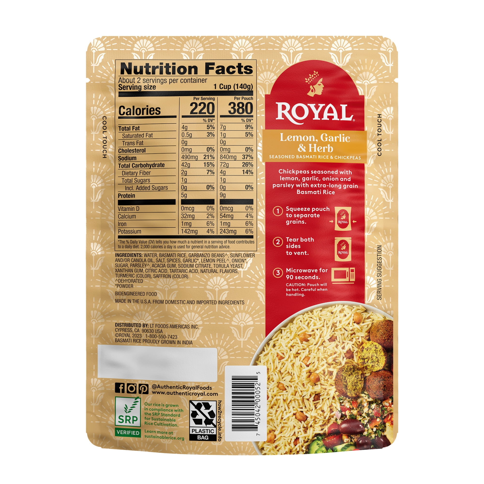 (6 pack) Authentic Royal Ready-to-Heat Lemon Garlic Herb Long Grain Basmati Rice, 8.5 oz Microwavable Pouch