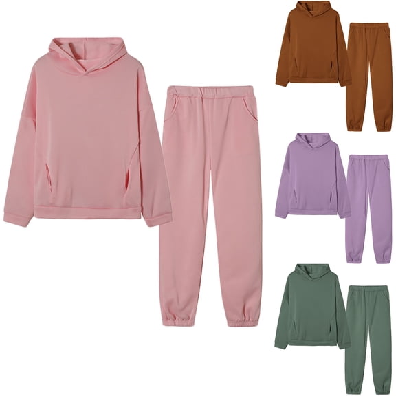 ibuvkizy Two Piece Sets for Women Fall Winter Solid Color Long Sleeve Hooded Sweatshirt and Pant Tracksuit Sport Suit Pink,M