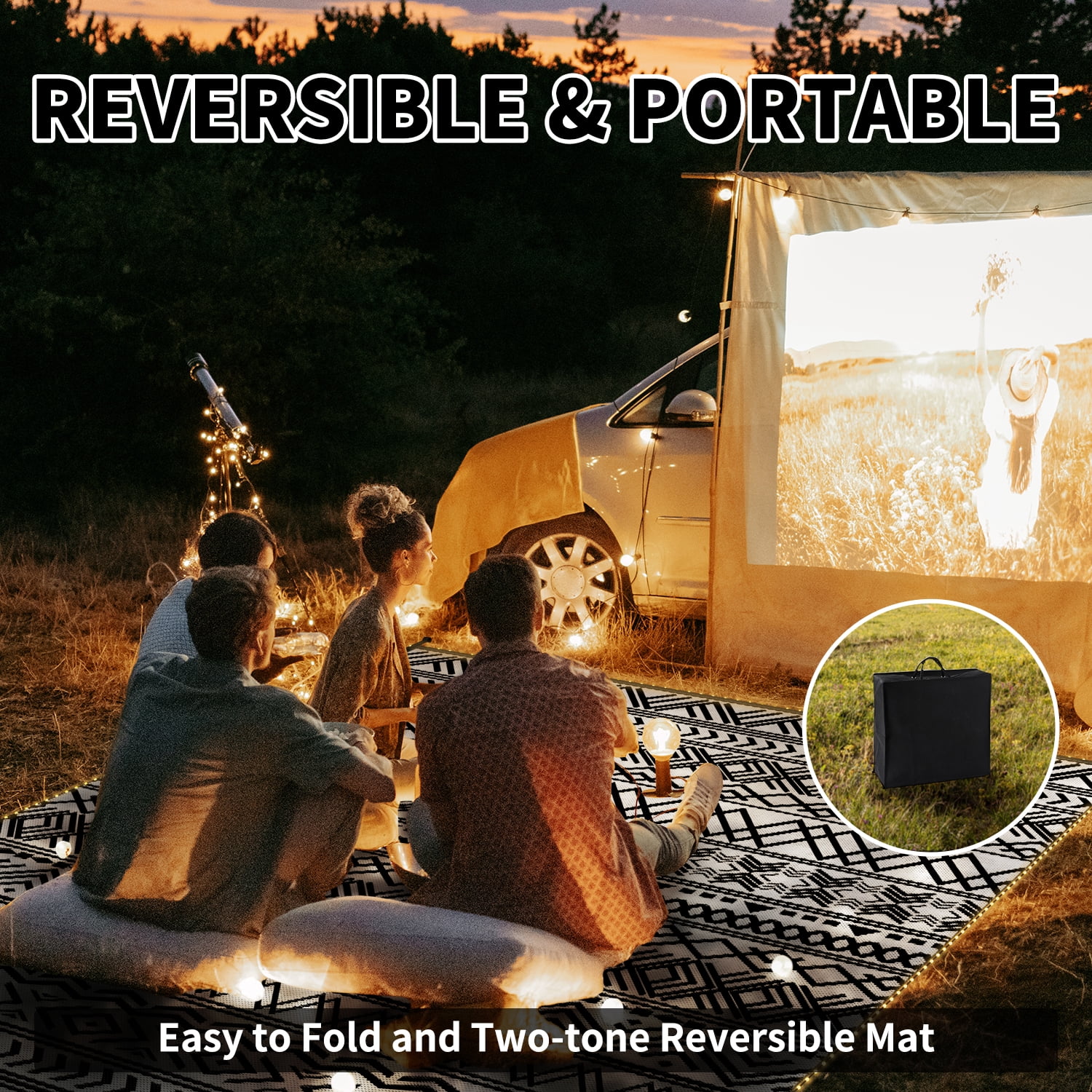 SIXHOME Outdoor Rug with LED Strip Lights 8'x10' Waterproof Reversible Patio Rug Boho Geometric Indoor Outdoor Rugs Lightweight Plastic Straw Rug for RV Camping Deck Balcony Modern Porch Decor Black