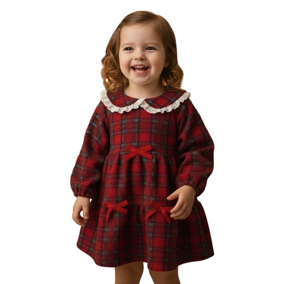 Fgnfyis Dresses for Girls Fashion Plaid Bow Tie Collar Lace Trim Long Sleeve Party Photoshoot Gown Toddler Girl Dress 6-12 Months