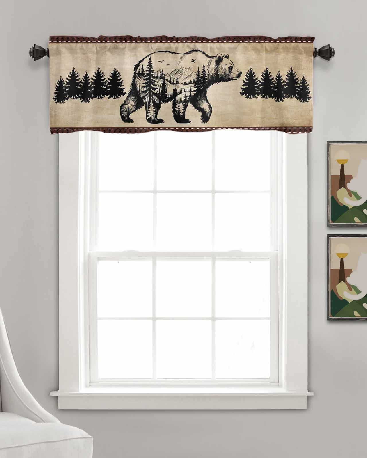 Brown Black Bear Kitchen Valances for Windows Farmhouse Linen Window Valance Curtain for Living Room Window Treatment Farmhouse Cabin Forest Vintage Valance Rod Pocket Topper Drape, 54 x 18 Inch