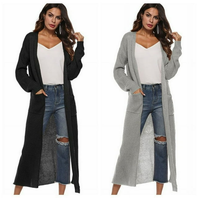 Cardigan Ouvert Longueur au Sol pour Femmes Léger Manches Longues Maxi avec Poches Beige L