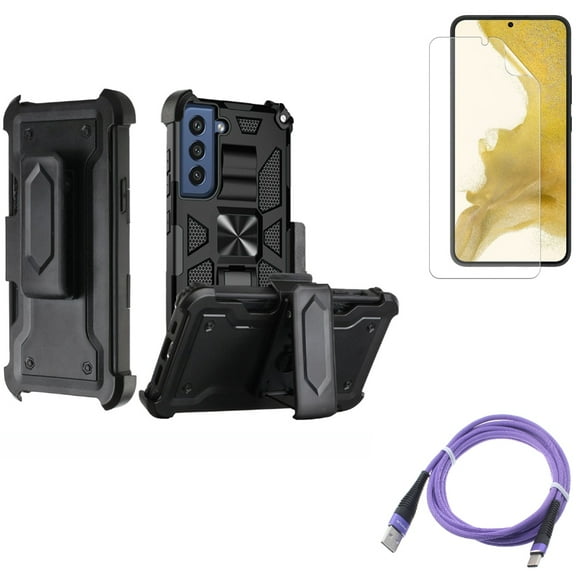 Case Belt Clip & Matte Screen Protector & 6ft USB Cable for Samsung Galaxy S22 (6.1") - Holster Swivel & TPU Film Anti-Glare & Purple Type-C Accessory Bundle