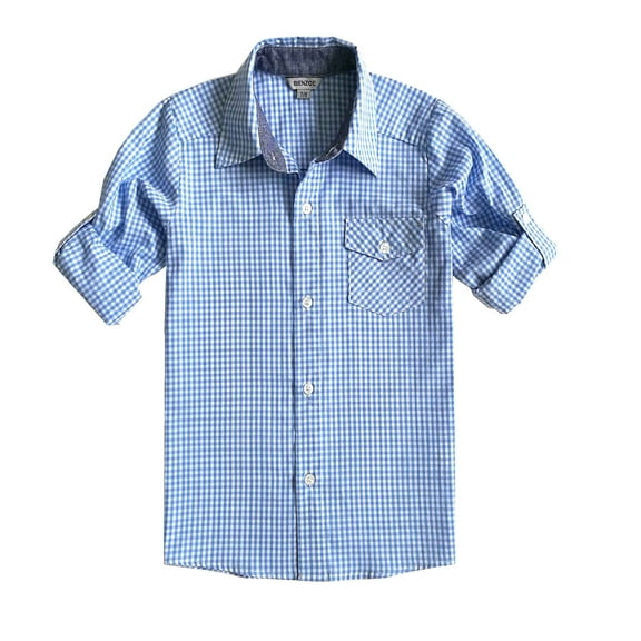 Bienzoe Boy's Cotton Plaid Roll Up Button Down Sports Shirts LightBlue 11/12