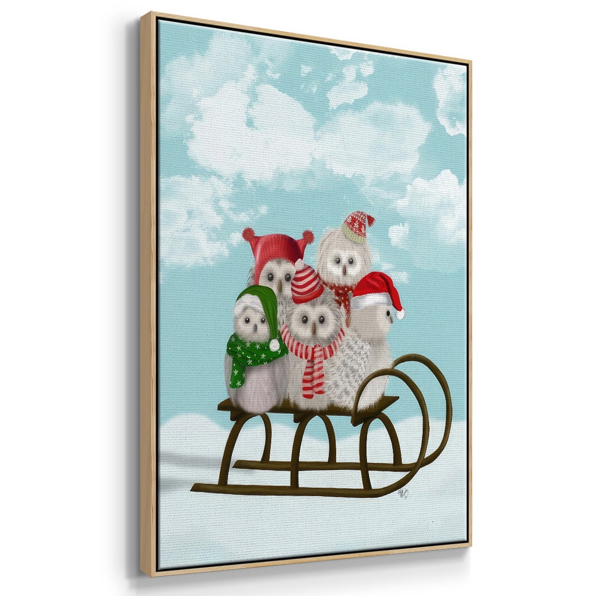 Christmas Christmas Owl Sled - Framed Gallery Wrapped Holiday Canvas - 25 x 37 - Natural Wood Frame
