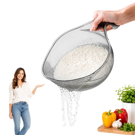 Multifunctional Rice Strainer with Handle, Fine Perforation Kitchen Colander for Washing Rice Vegetables and Fruits, Anti-Tip Stable Base, Plastic, 10.2 x 6.9 x 4.5 inches