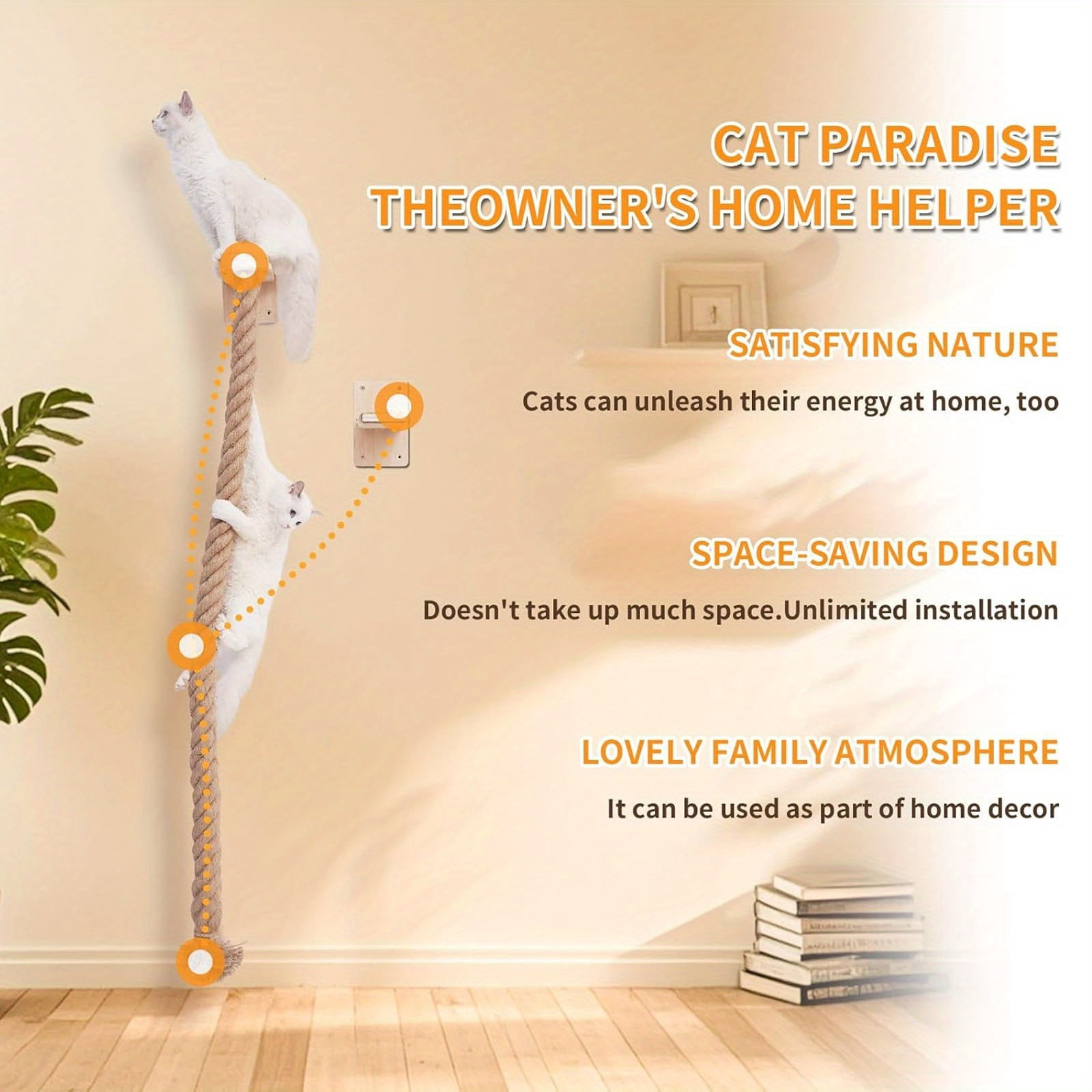 Cat Climbing Rope Wall Mounted, Cat Rope Climber, Space Saving Cat Tree Tower Featuring with Jumping Platform, Cat Tower with Durable Scratching Post, for Playing and Rest Indoor Large Cats
