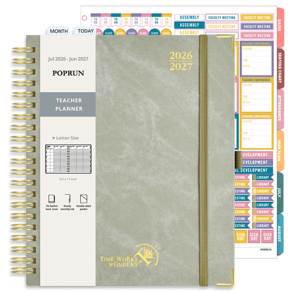 POPRUN Teacher Planner 2026-2027, 8.5"x11", Academic Lesson Plan Book for Teachers (Jul.26 - Jun.27), Weekly and Monthly with Gradebook, 2-Sided Pocket, Leather Hard Cover for Classroom, Olive Green