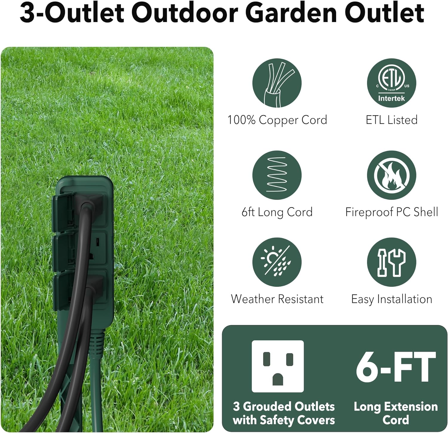 HBN Outdoor Power Stake with 6-Foot Extension Cord and 3 Outlets photo 4